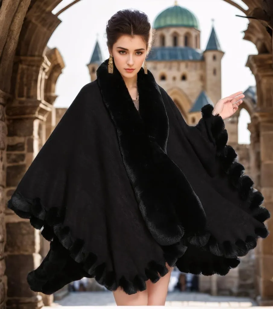 Faux Fox Fur Trim Cardigan Cloak Shawl Wraps Winter Poncho Oversized Cape