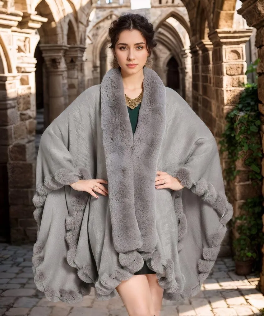 Faux Fox Fur Trim Cardigan Cloak Shawl Wraps Winter Poncho Oversized Cape