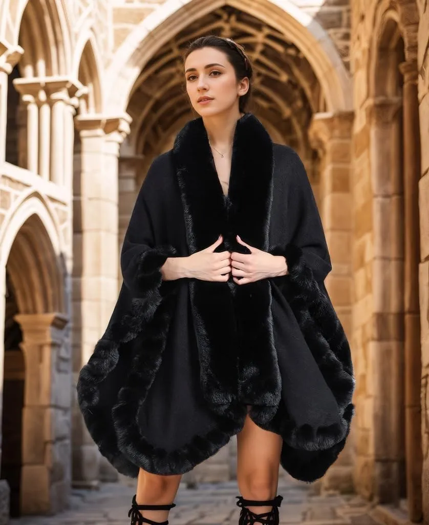 Faux Fox Fur Trim Cardigan Cloak Shawl Wraps Winter Poncho Oversized Cape