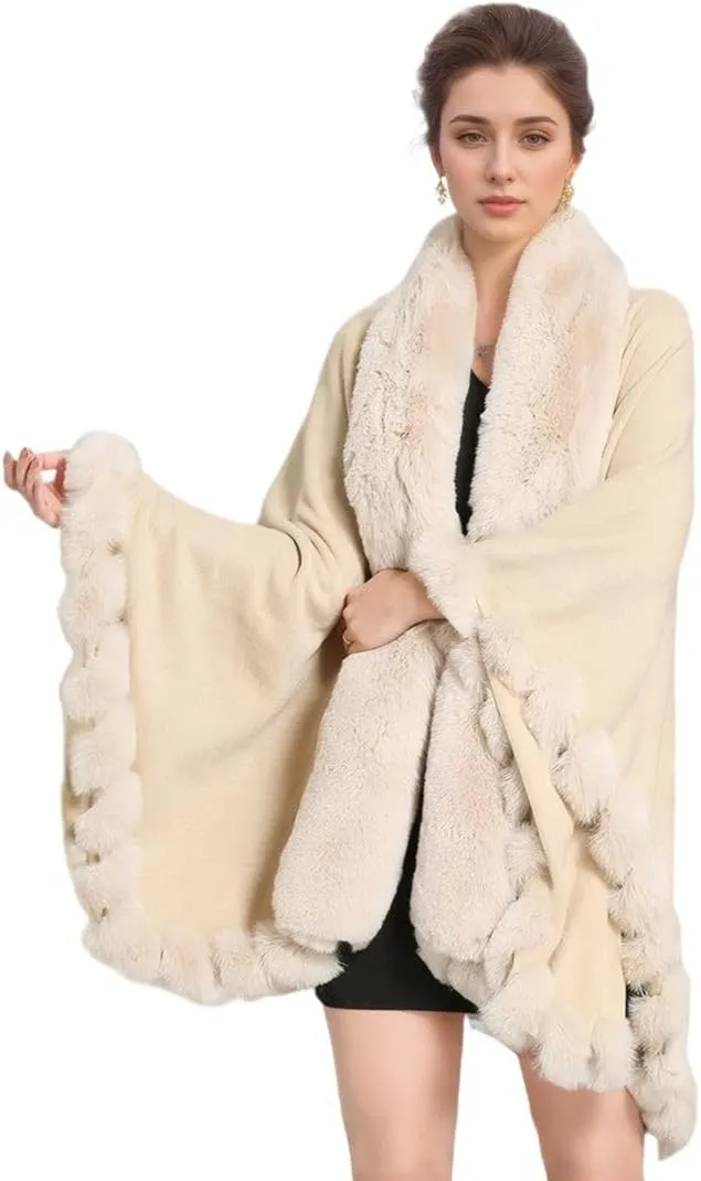 Faux Fox Fur Trim Cardigan Cloak Shawl Wraps Winter Poncho Oversized Cape