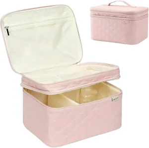 FINDCOZY Large Travel Makeup Bag, Double Layer Cosmetic Case for Women, Organizer for Travel Accessories Brushes, Beauty, Eyeshadow Palette, Lipstick, Pink