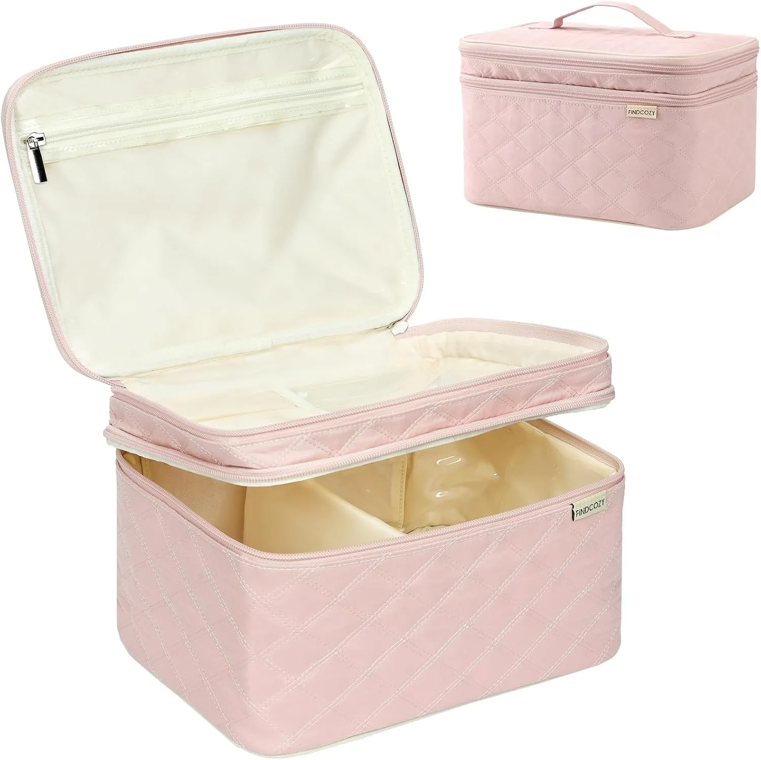 FINDCOZY Large Travel Makeup Bag, Double Layer Cosmetic Case for Women, Organizer for Travel Accessories Brushes, Beauty, Eyeshadow Palette, Lipstick, Pink