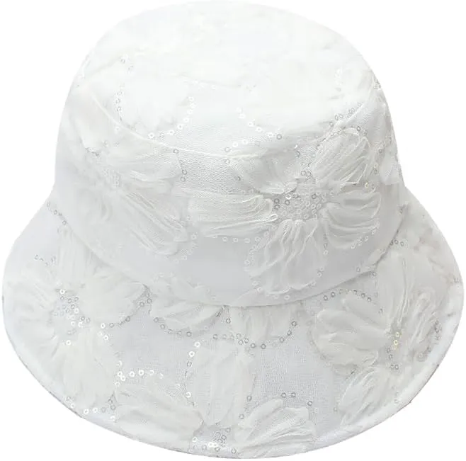 Floral Lace Sun Hats for Women Summer Casual Wide Brim Bucket Hat with Sequin Beach Travel Accessories