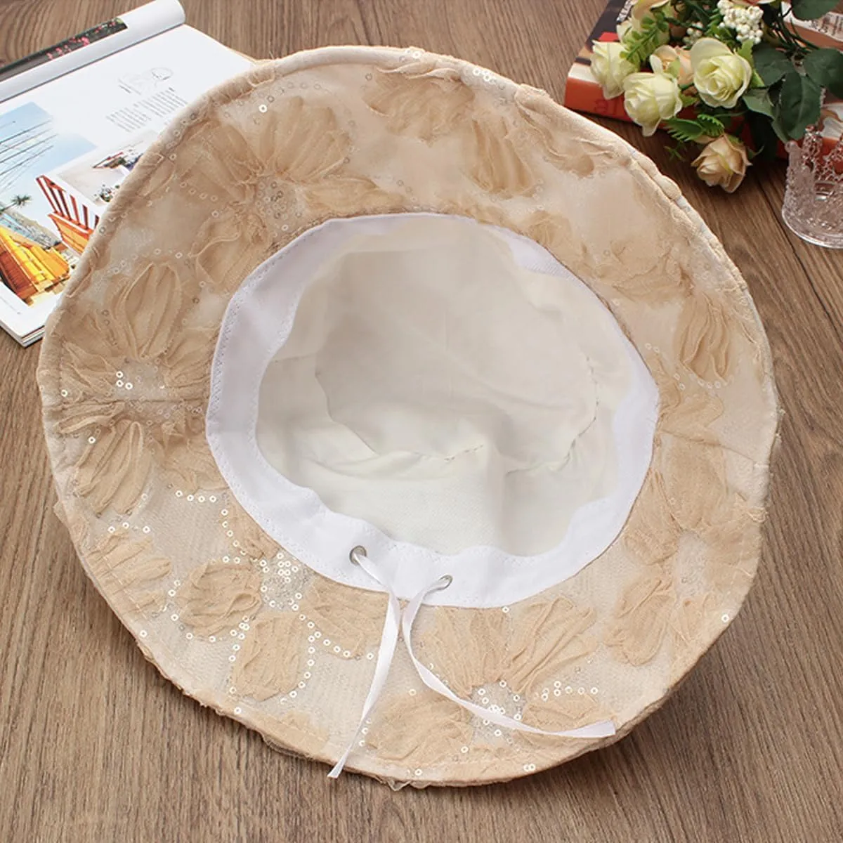 Floral Lace Sun Hats for Women Summer Casual Wide Brim Bucket Hat with Sequin Beach Travel Accessories