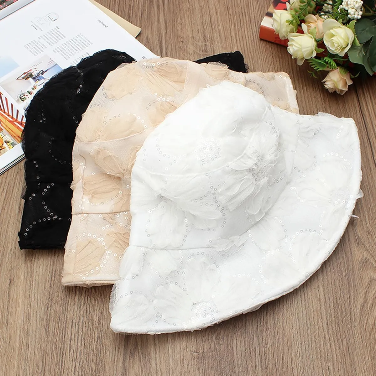 Floral Lace Sun Hats for Women Summer Casual Wide Brim Bucket Hat with Sequin Beach Travel Accessories
