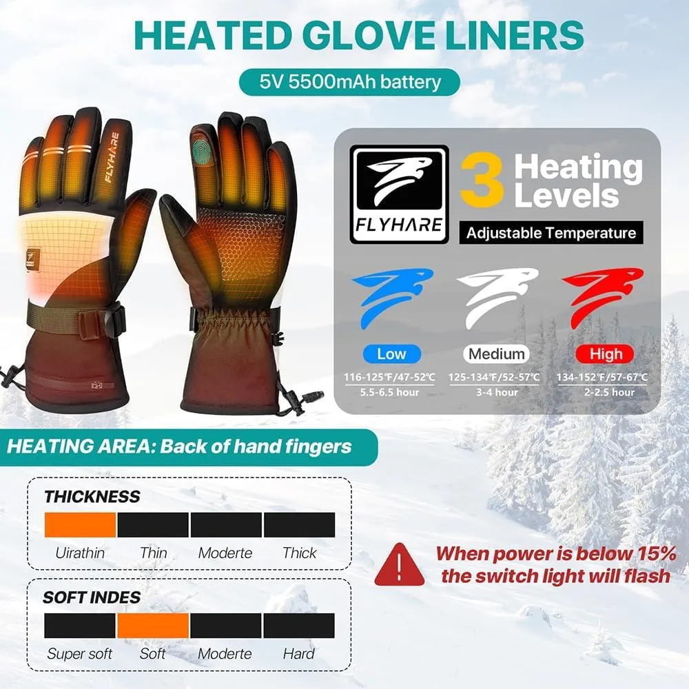 Flyhare Heated Gloves - Unisex Electric Rechargeable Heating Gloves with Touchscreen, Windproof & Waterproof Design, 5V Batteries Included, Warming Gloves for Men & Women