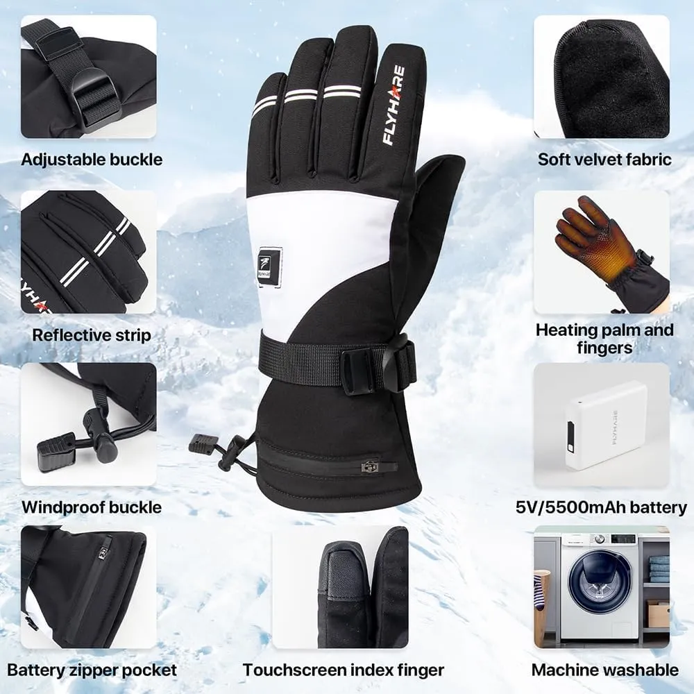 Flyhare Heated Gloves - Unisex Electric Rechargeable Heating Gloves with Touchscreen, Windproof & Waterproof Design, 5V Batteries Included, Warming Gloves for Men & Women