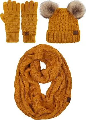 Funky Junque Matching Set 3 Pack Womens Cable Knit Double Pom Pom Beanie, Gloves, and Scarf Bundle