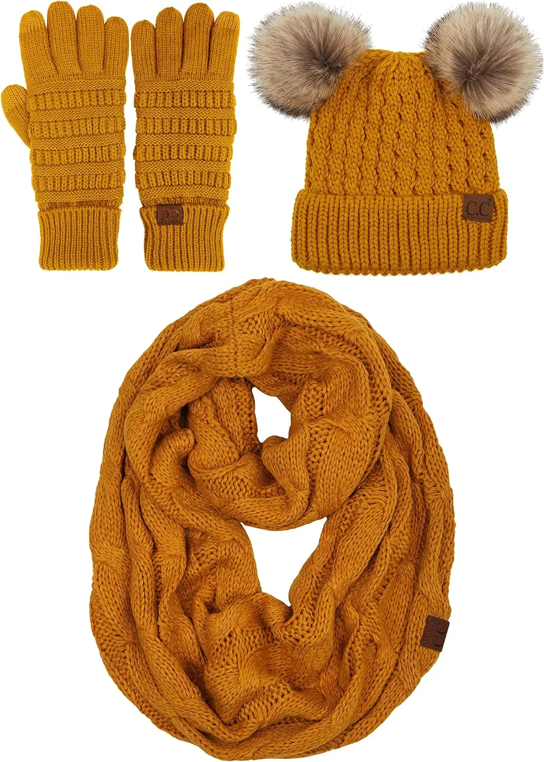 Funky Junque Matching Set 3 Pack Womens Cable Knit Double Pom Pom Beanie, Gloves, and Scarf Bundle