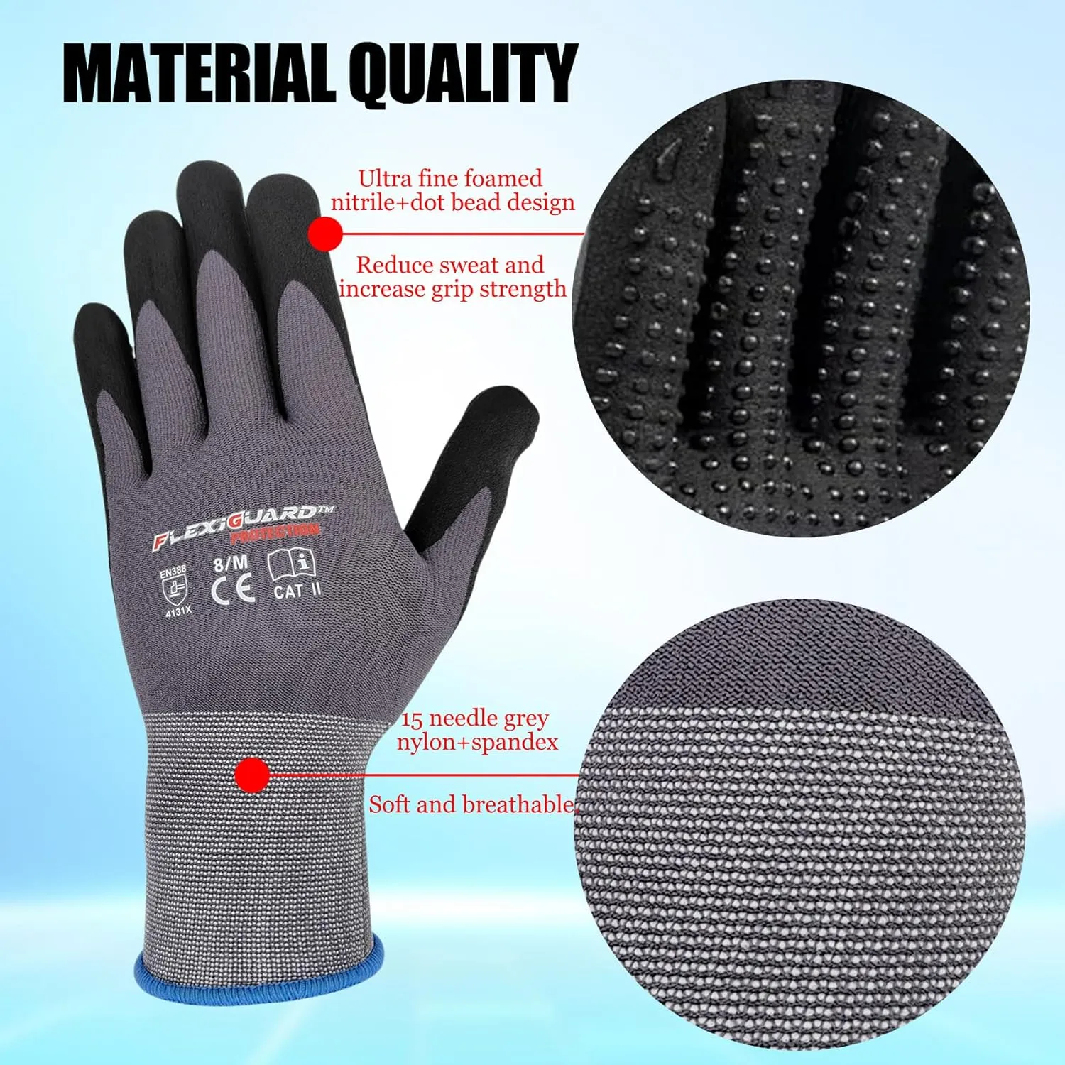Gasoline Safety Work Gloves Extra Micro-Foam Nitrile Coated-12 Pairs,Endurance Seamless Knit Nylon Spandex,Dots on Palm, Dot Grip Gloves，Work Gloves Men and Women (12, S)