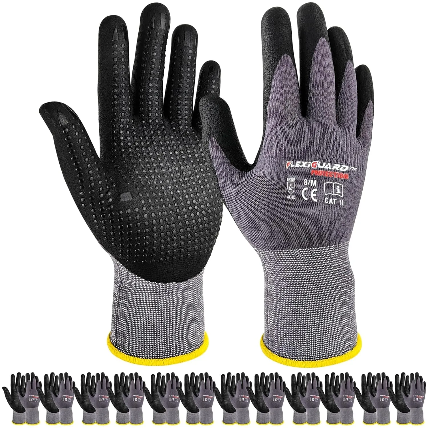 Gasoline Safety Work Gloves Extra Micro-Foam Nitrile Coated-12 Pairs,Endurance Seamless Knit Nylon Spandex,Dots on Palm, Dot Grip Gloves，Work Gloves Men and Women (12, S)