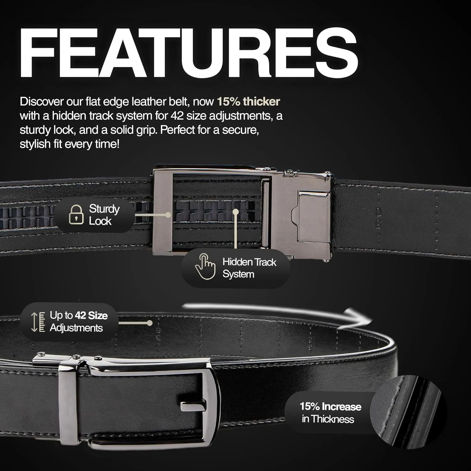 Genuine Leather Ratchet Belt for Men  Adjustable Track Belt with Black or Silver Buckle  Dress & Casual