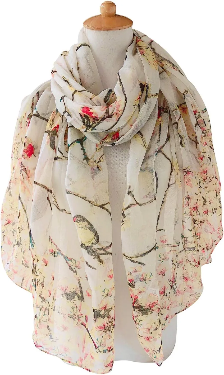 GERINLY Scarfs for Women Lightweight Floral Birds Print Cotton Scarves and Wraps for Summer Shawl