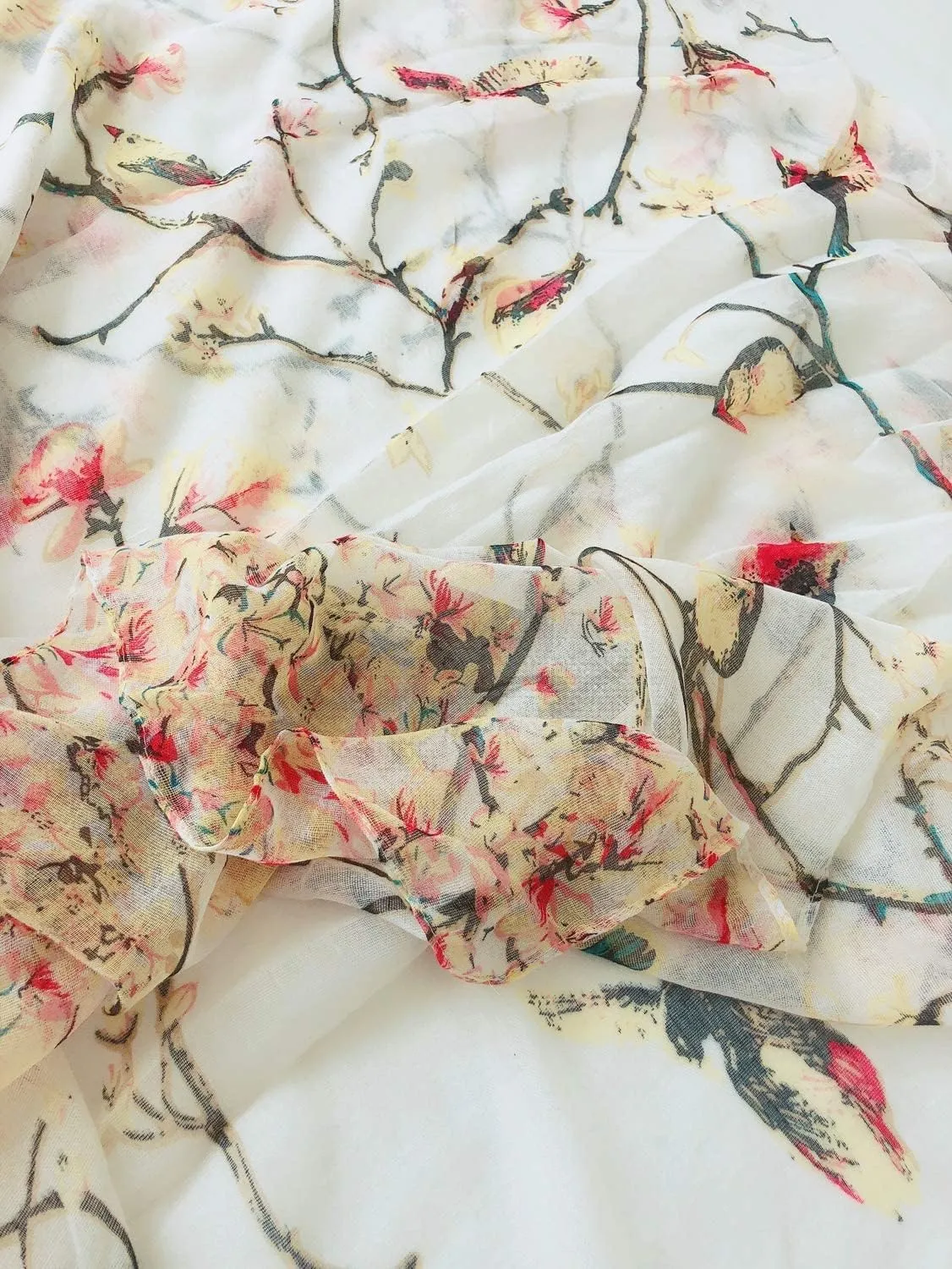 GERINLY Scarfs for Women Lightweight Floral Birds Print Cotton Scarves and Wraps for Summer Shawl