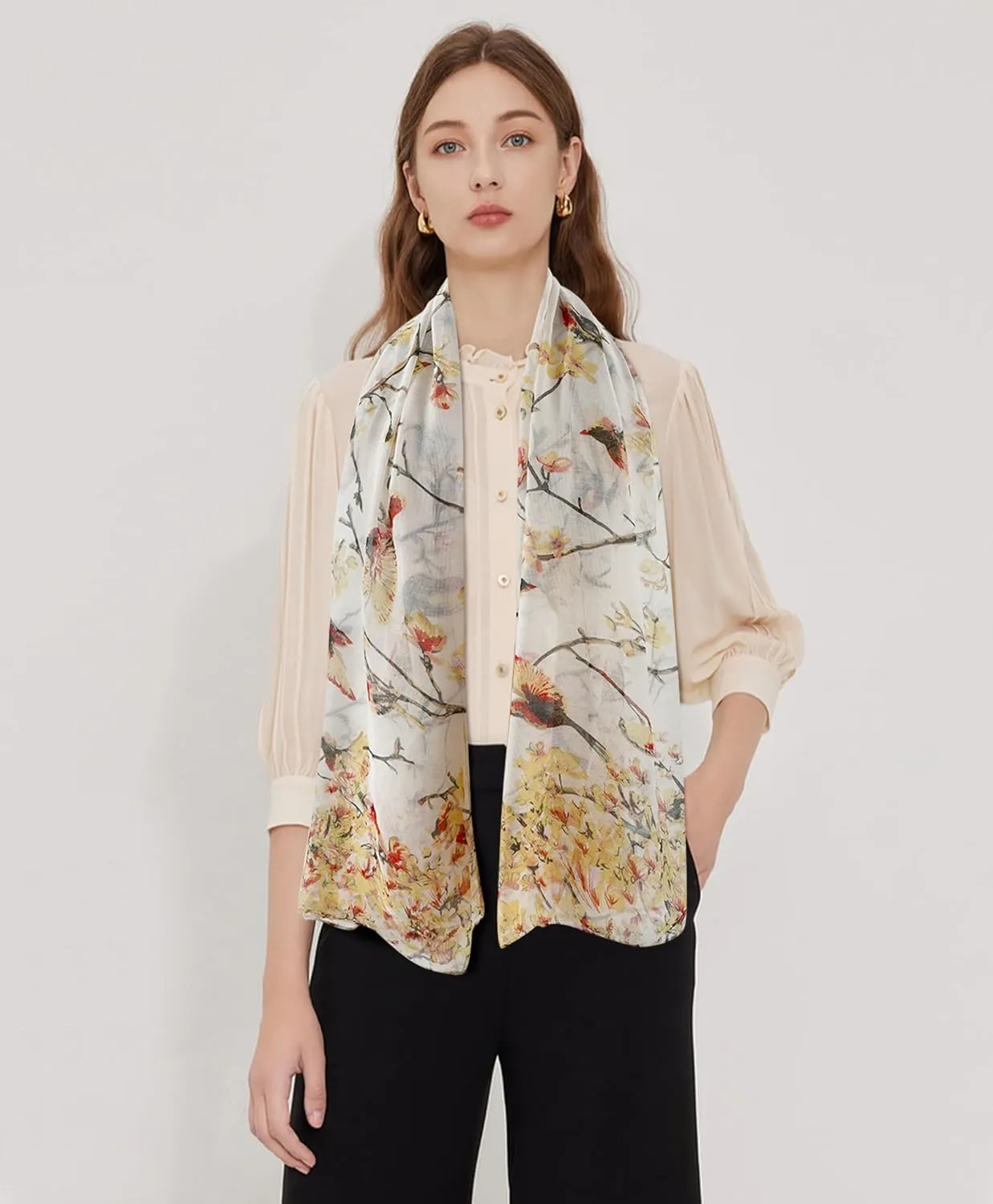 GERINLY Scarfs for Women Lightweight Floral Birds Print Cotton Scarves and Wraps for Summer Shawl