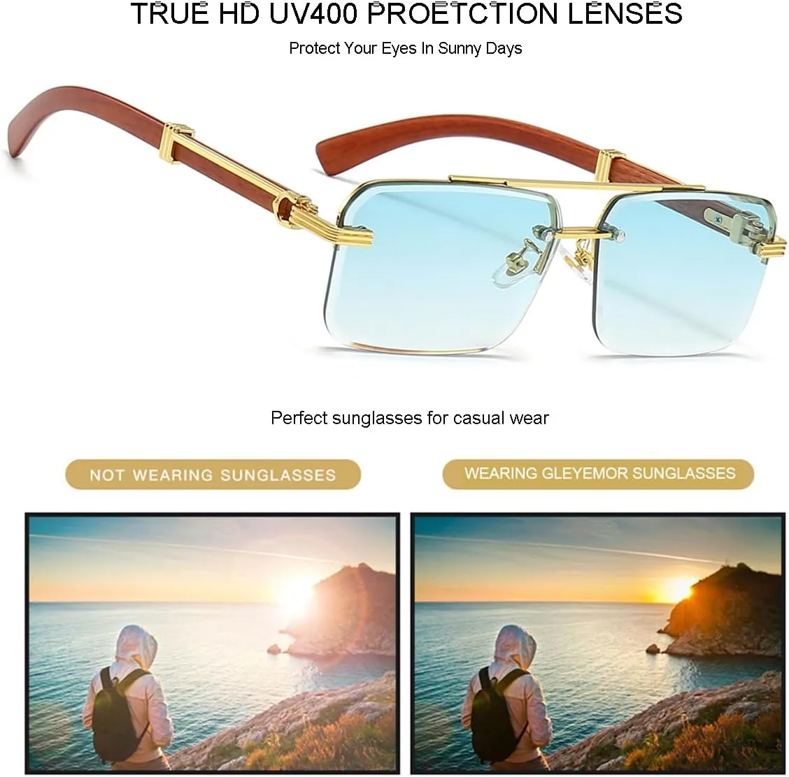 Gleyemor Mens Sunglasses Fashion Rimless Rectangle Sunglasses Square Frameless Sunglasses for Men