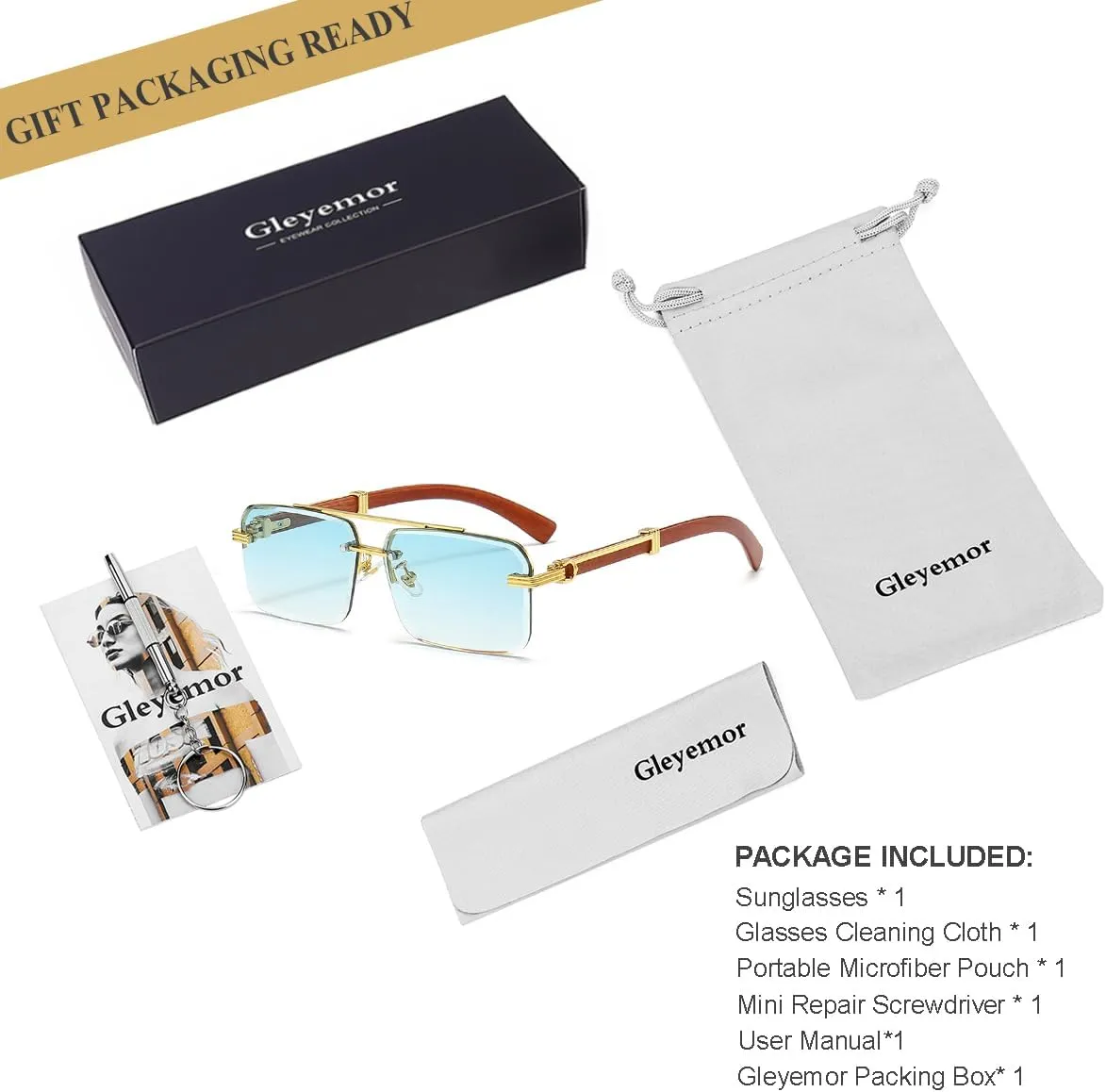 Gleyemor Mens Sunglasses Fashion Rimless Rectangle Sunglasses Square Frameless Sunglasses for Men