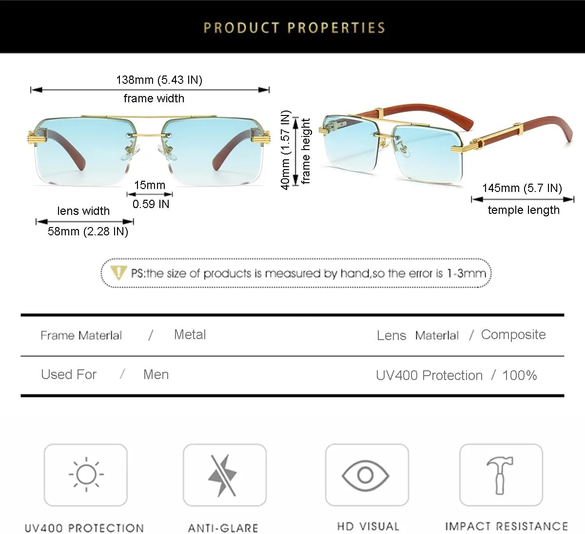 Gleyemor Mens Sunglasses Fashion Rimless Rectangle Sunglasses Square Frameless Sunglasses for Men