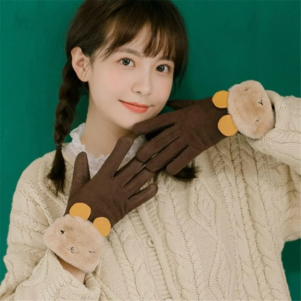 Gloves PU Touch Screen Gloves, Plus Velvet Cute Rabbit Thickened Warm Mittens, Autumn Winter Leisure Gloves, Couple Matching Full Finger