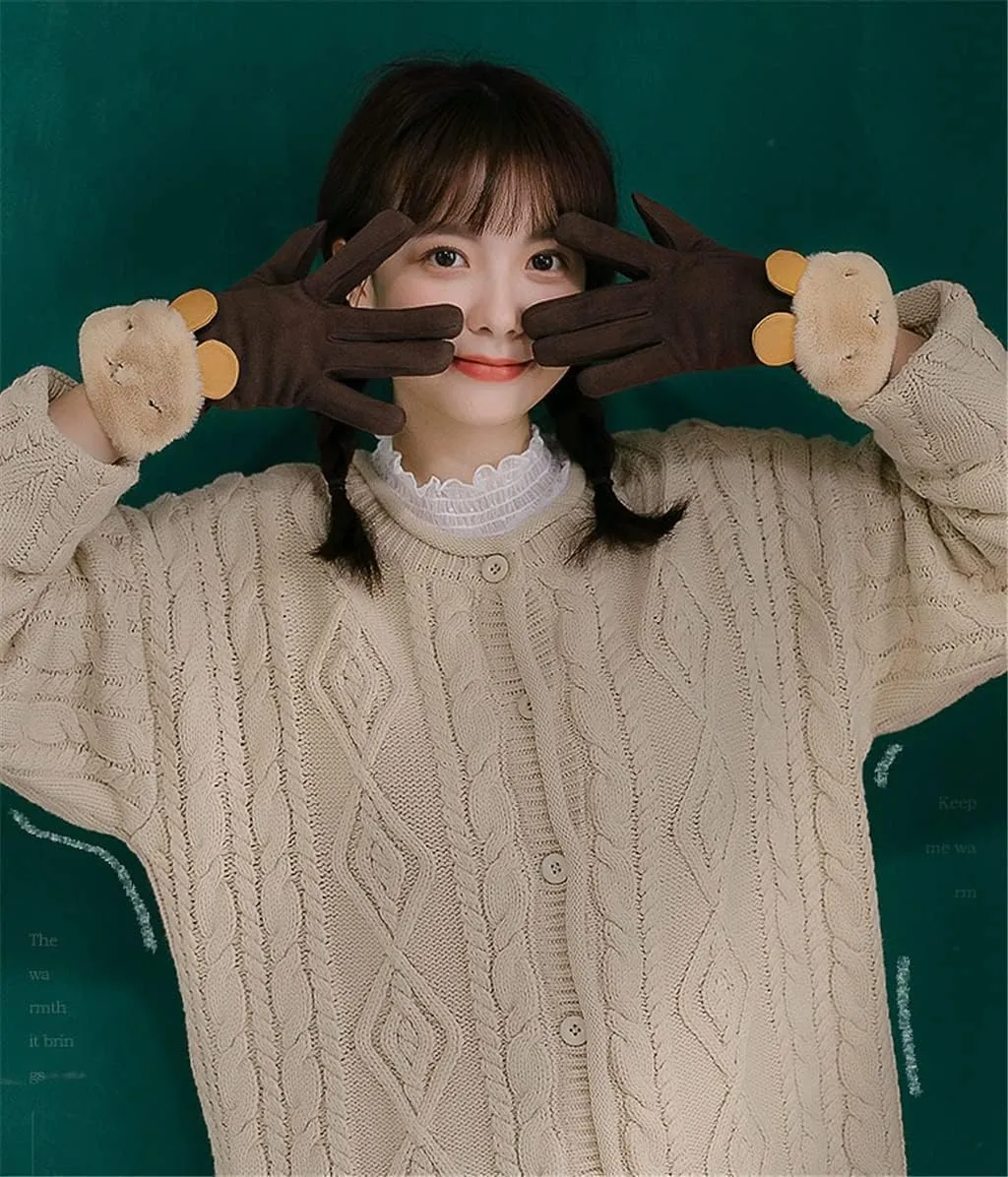 Gloves PU Touch Screen Gloves, Plus Velvet Cute Rabbit Thickened Warm Mittens, Autumn Winter Leisure Gloves, Couple Matching Full Finger