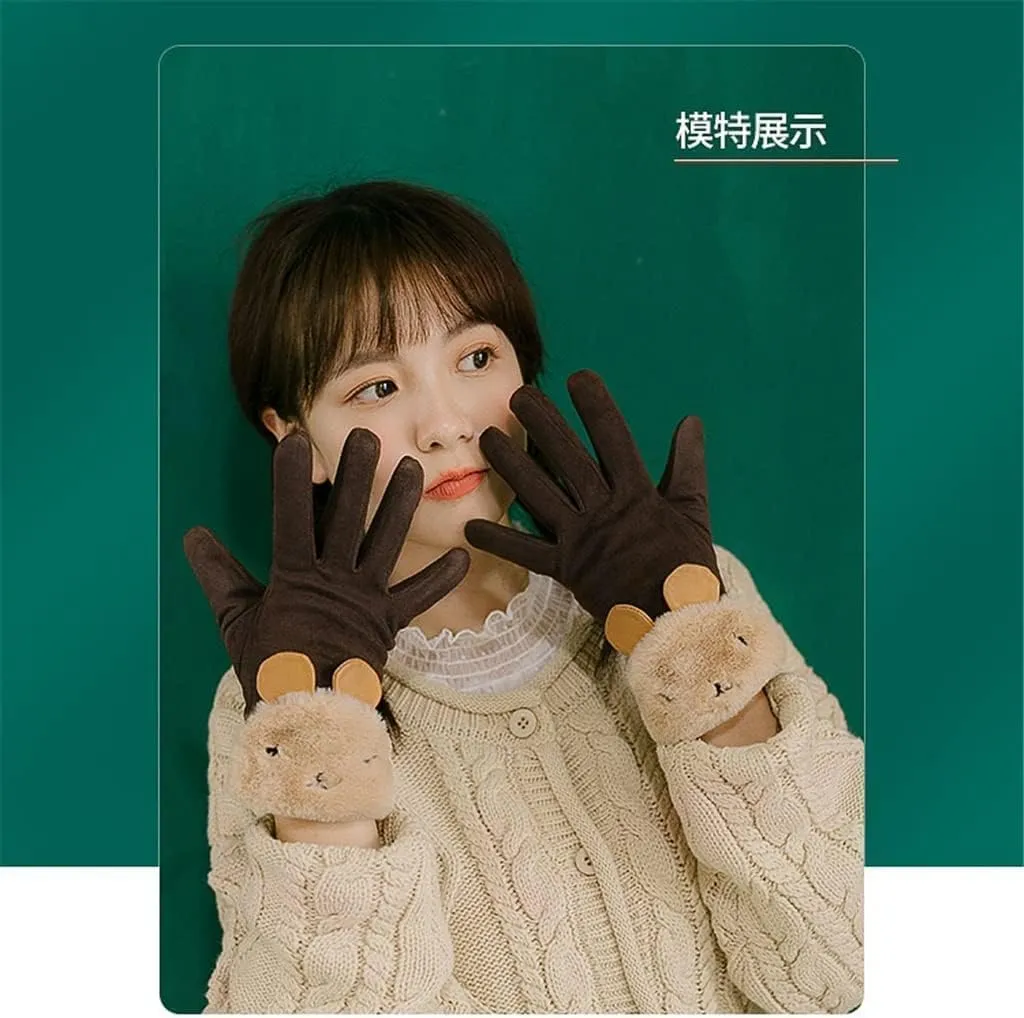Gloves PU Touch Screen Gloves, Plus Velvet Cute Rabbit Thickened Warm Mittens, Autumn Winter Leisure Gloves, Couple Matching Full Finger