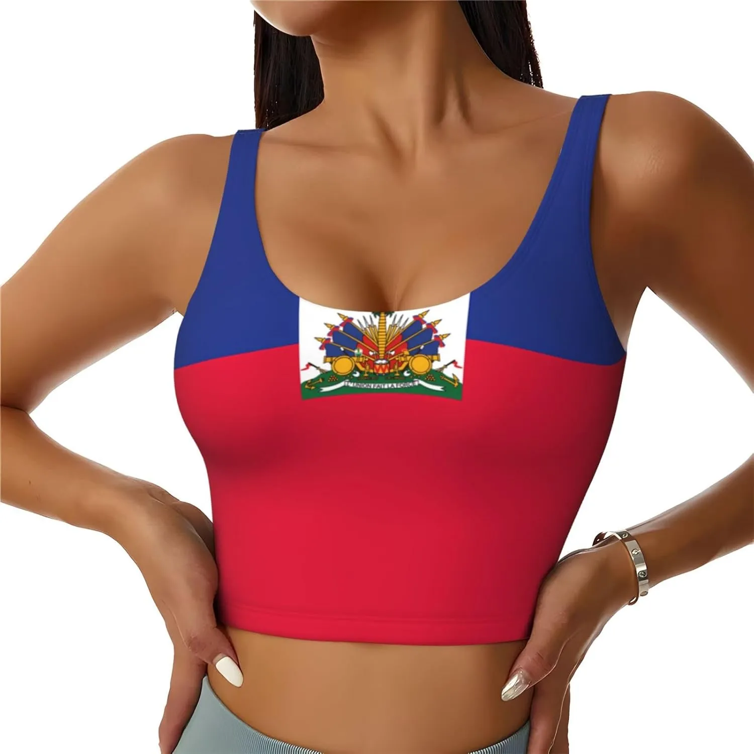Haitian Flag Women's Sexy Sports Vest Sleeveless Athletic Gym T-Shirts Vest U-Shaped Back Quick Dry Top