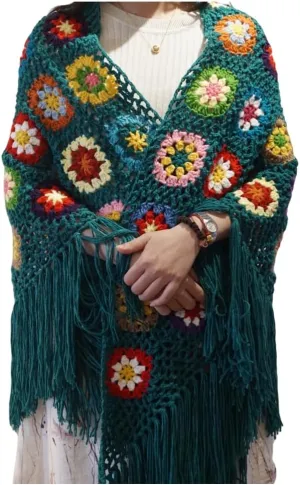 Handmade Crochet 70x34in Fringed Poncho Cape Shawls Wraps Granny Square Womens Coat Sweater
