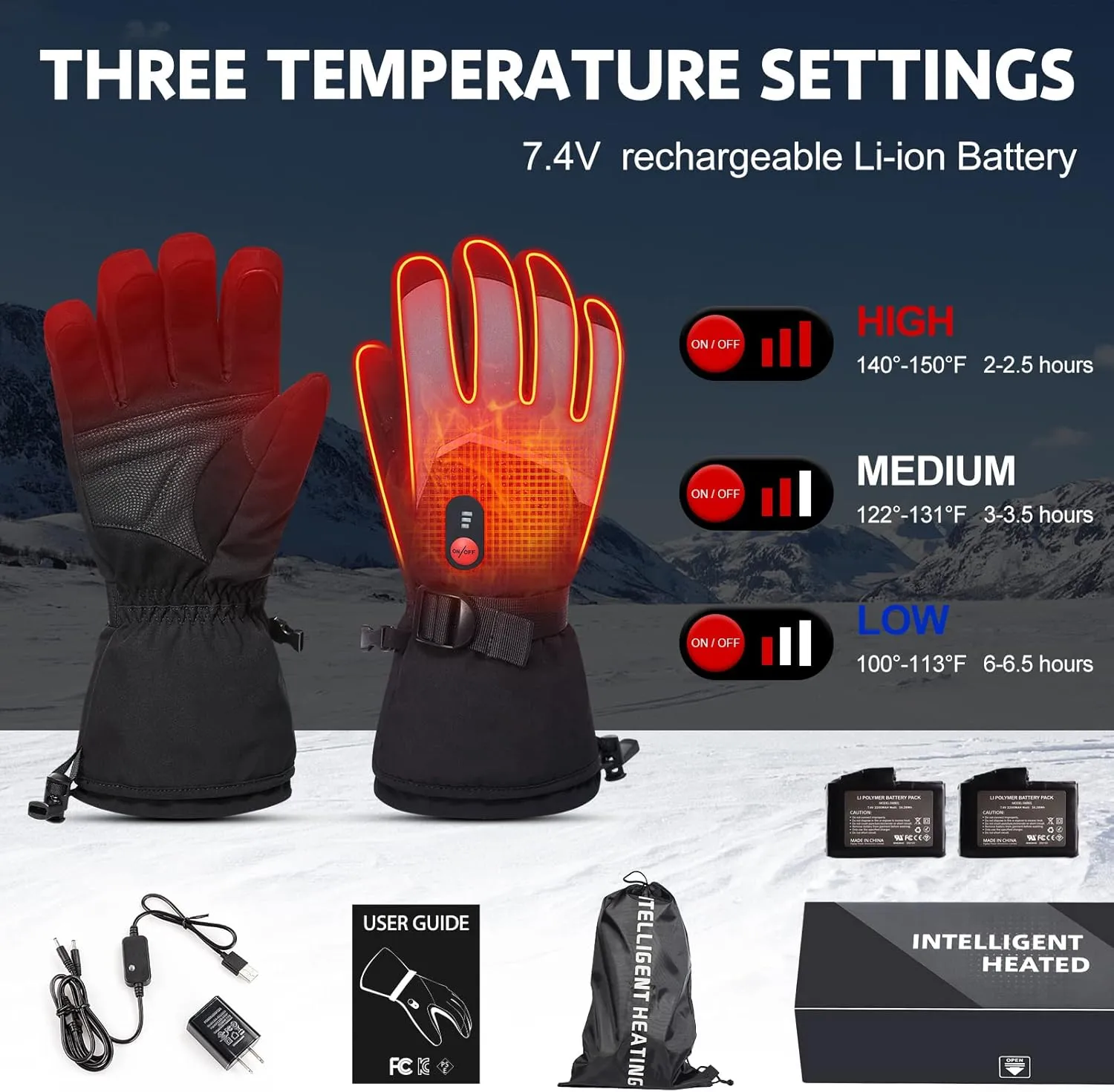 Heated Gloves for Men Rechargeable Waterproof Winter,Machine Washable Electric Heating Ski Glove for Hiking Motorcycling Camping Fishing Cold Weather Hand Warmers
