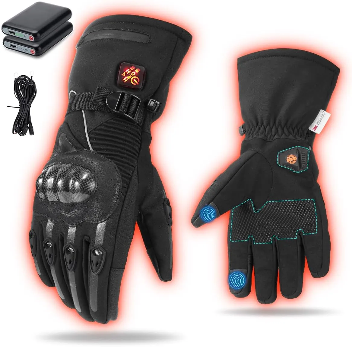 Heated Motorcycle Gloves for Men & Women - 7.4V 3000mAh Rechargeable Batteries, Electric, Touchscreen, Waterproof, Windproof, Non-Slip, Skiing, Cycling, Fishing