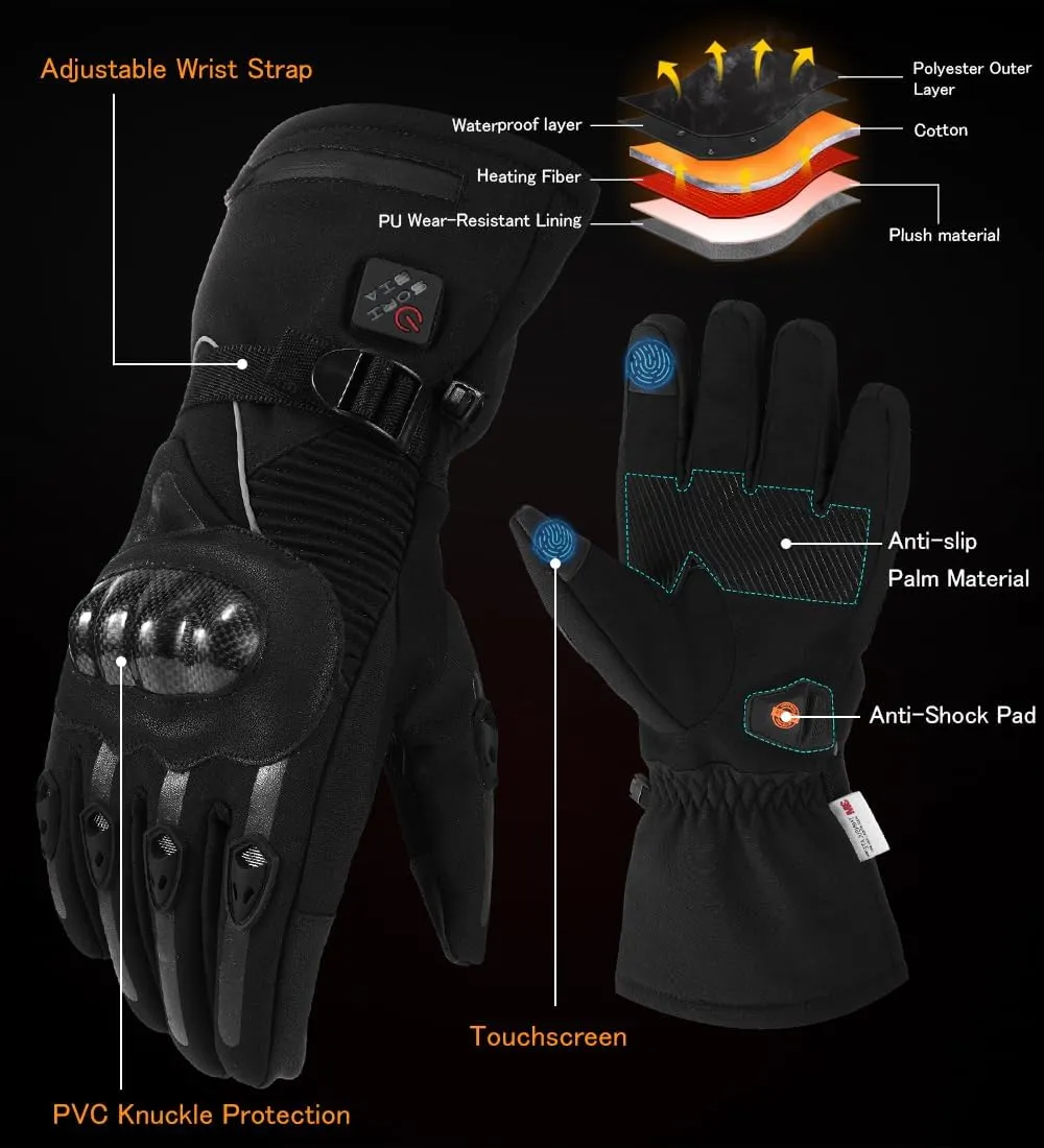 Heated Motorcycle Gloves for Men & Women - 7.4V 3000mAh Rechargeable Batteries, Electric, Touchscreen, Waterproof, Windproof, Non-Slip, Skiing, Cycling, Fishing