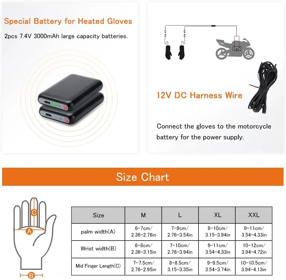 Heated Motorcycle Gloves for Men & Women - 7.4V 3000mAh Rechargeable Batteries, Electric, Touchscreen, Waterproof, Windproof, Non-Slip, Skiing, Cycling, Fishing