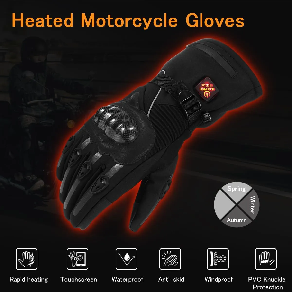 Heated Motorcycle Gloves for Men & Women - 7.4V 3000mAh Rechargeable Batteries, Electric, Touchscreen, Waterproof, Windproof, Non-Slip, Skiing, Cycling, Fishing