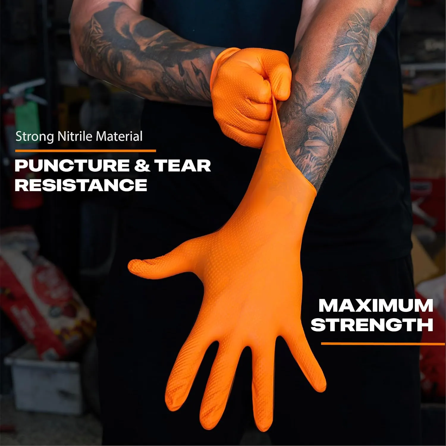Herkules Grip Heavy Duty 8Mil Orange Nitrile Gloves,3D Raised Diamond Texture-Latex & Powder Free-Industrial, Mechanic