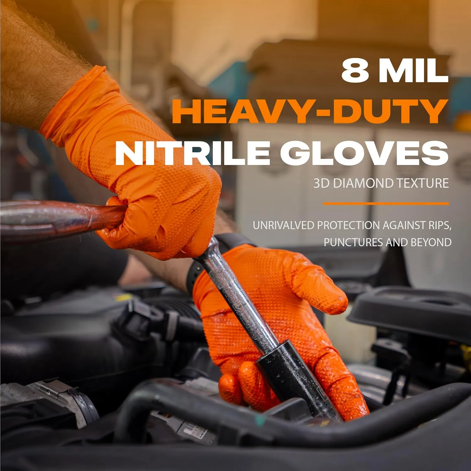 Herkules Grip Heavy Duty 8Mil Orange Nitrile Gloves,3D Raised Diamond Texture-Latex & Powder Free-Industrial, Mechanic