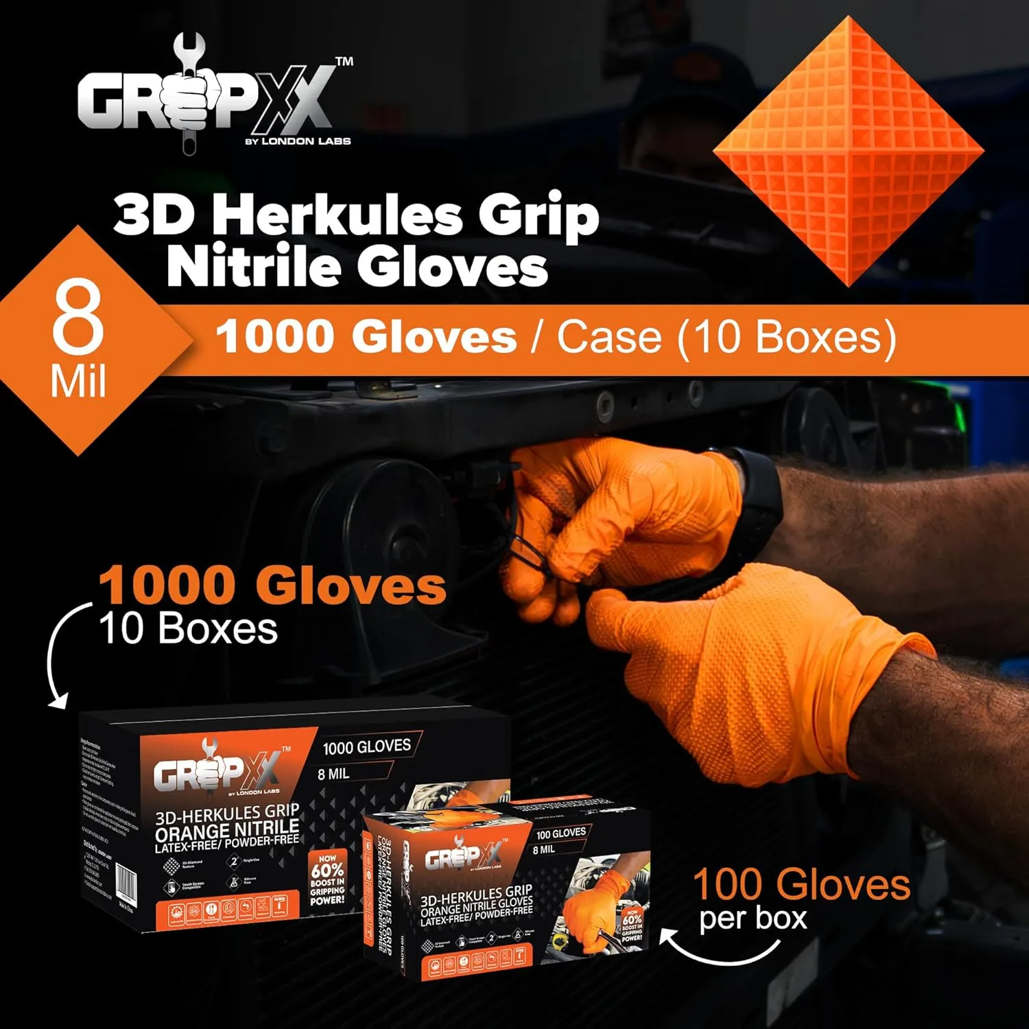 Herkules Grip Heavy Duty 8Mil Orange Nitrile Gloves,3D Raised Diamond Texture-Latex & Powder Free-Industrial, Mechanic