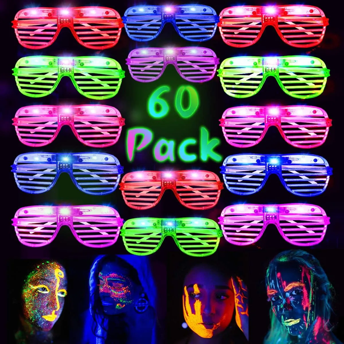 HWG 60 Pack Glow in The Dark Glasses, LED Glasses Light Up Glasses Christmas Party Supplies 5 Colors Kids/Adult Party Accessories
