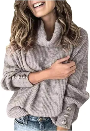iLH Fall Sweater for Women Oversize Casual Knitted Sweaters Turtleneck Solid Button up Pullover Sweatshirt Jumper Tops