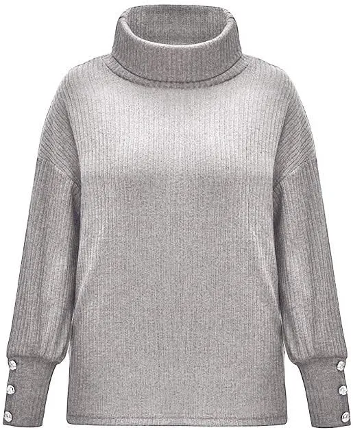 iLH Fall Sweater for Women Oversize Casual Knitted Sweaters Turtleneck Solid Button up Pullover Sweatshirt Jumper Tops