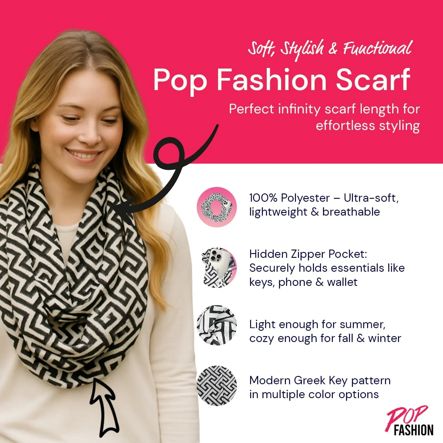 Infinity Scarf for Women - Travel Scarf with Hidden Pocket - Greek Key Pattern Scarves