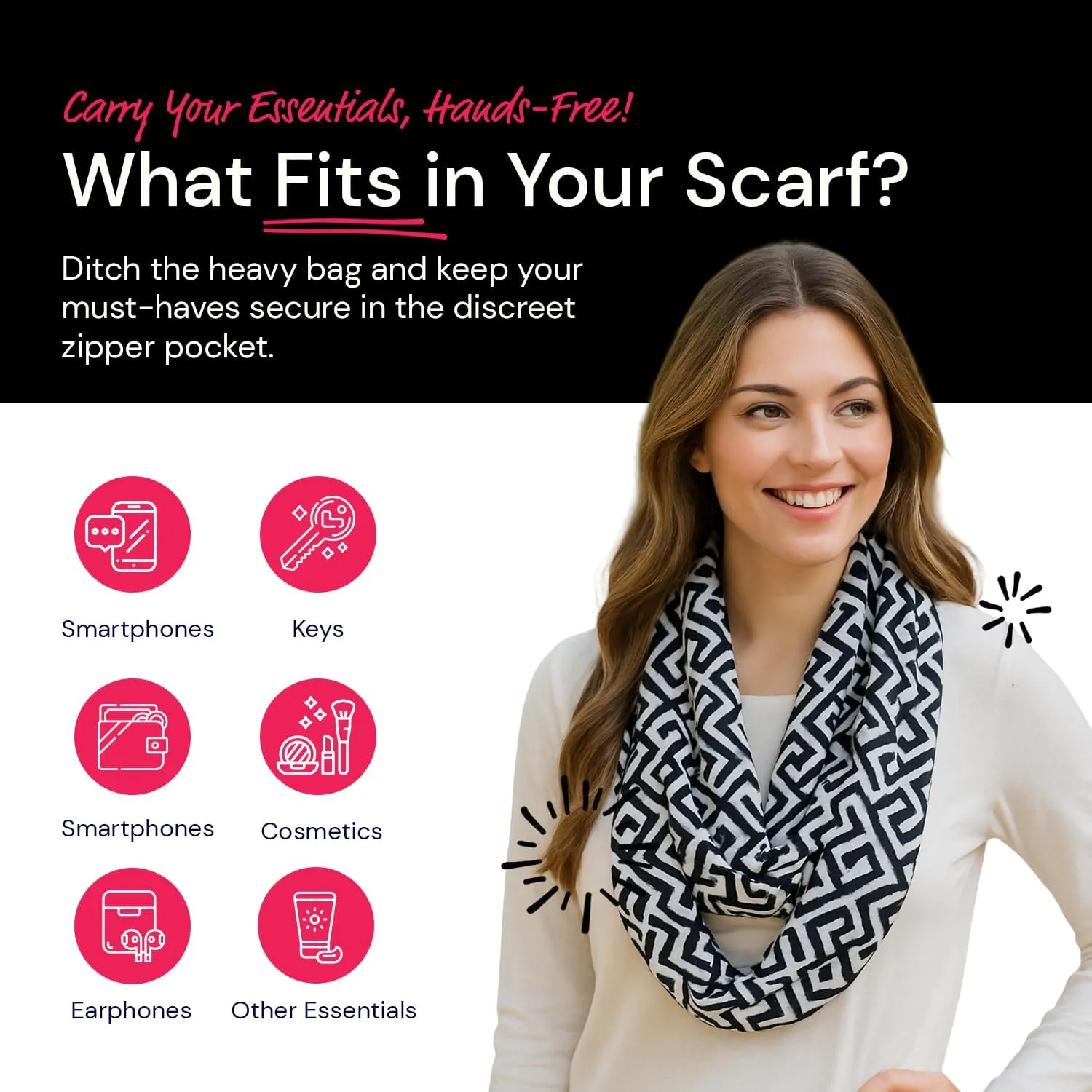 Infinity Scarf for Women - Travel Scarf with Hidden Pocket - Greek Key Pattern Scarves