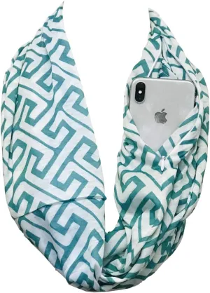Infinity Scarf for Women - Travel Scarf with Hidden Pocket - Greek Key Pattern Scarves