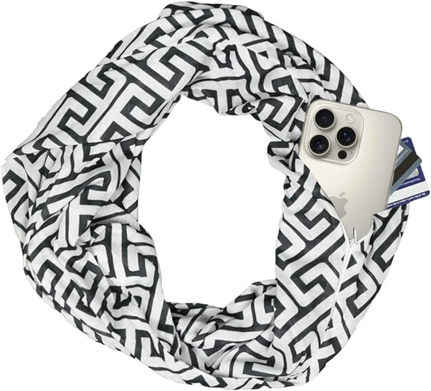 Infinity Scarf for Women - Travel Scarf with Hidden Pocket - Greek Key Pattern Scarves