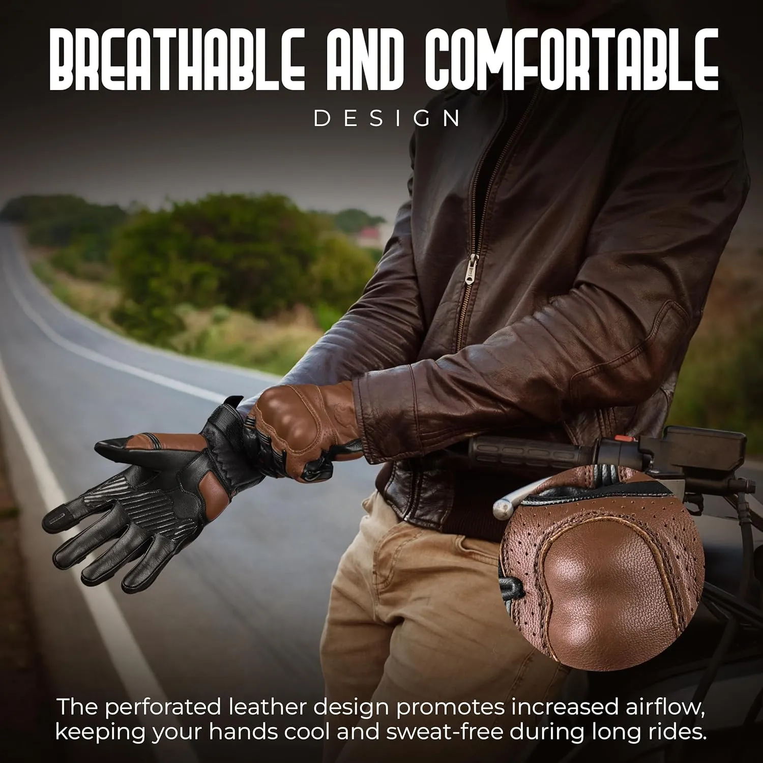 J.A.G. Motorcycle Gloves - Premium Leather Perforated Motorcycle Gloves for Men with Knuckle Protection | Touchscreen Motorbike Riding Gloves
