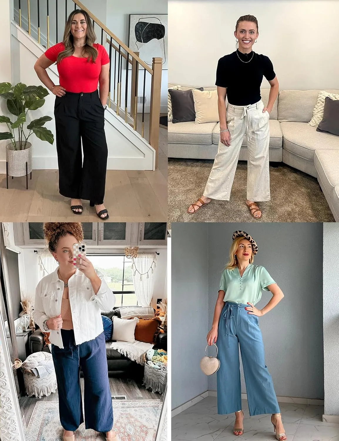 JASAMBAC Women's Linen Palazzo Lounge Pants High Waist Straight Wide Leg Summer Beach Causal Trousers with Double Belts