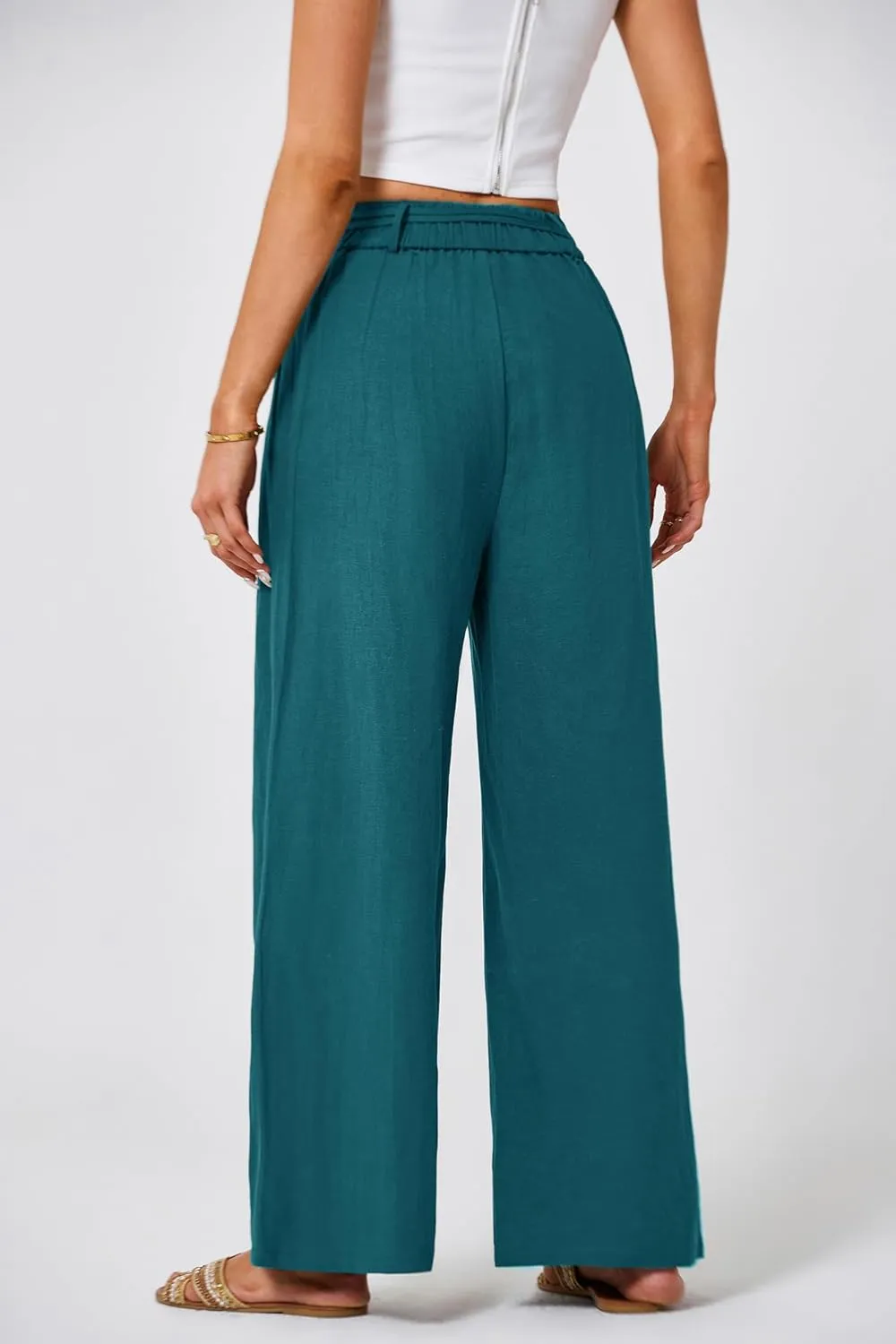 JASAMBAC Women's Linen Palazzo Lounge Pants High Waist Straight Wide Leg Summer Beach Causal Trousers with Double Belts