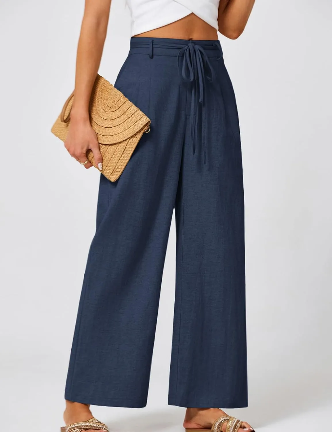 JASAMBAC Women's Linen Palazzo Lounge Pants High Waist Straight Wide Leg Summer Beach Causal Trousers with Double Belts