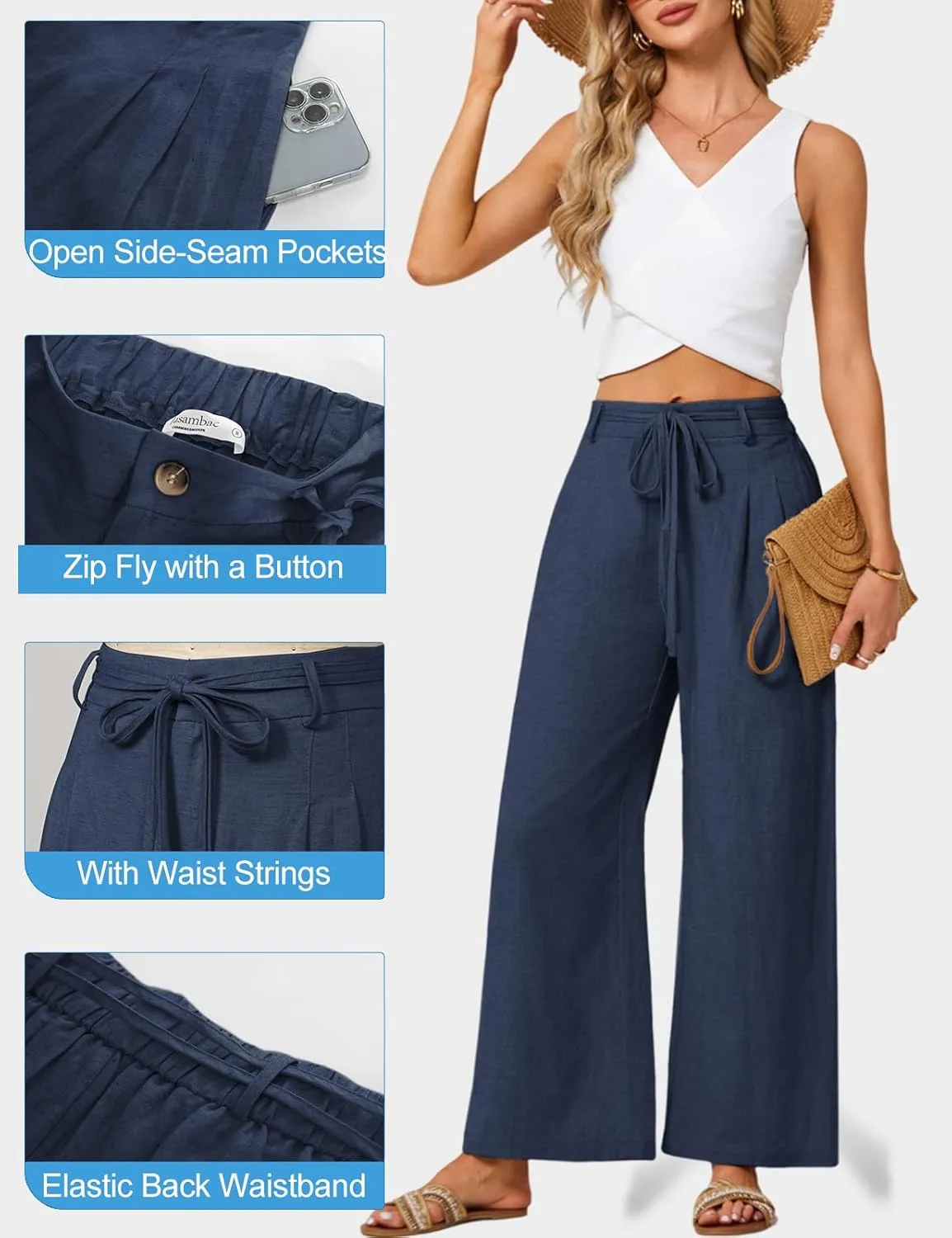 JASAMBAC Women's Linen Palazzo Lounge Pants High Waist Straight Wide Leg Summer Beach Causal Trousers with Double Belts