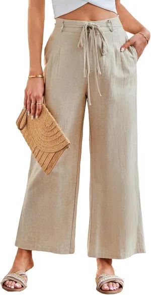 JASAMBAC Women's Linen Palazzo Lounge Pants High Waist Straight Wide Leg Summer Beach Causal Trousers with Double Belts