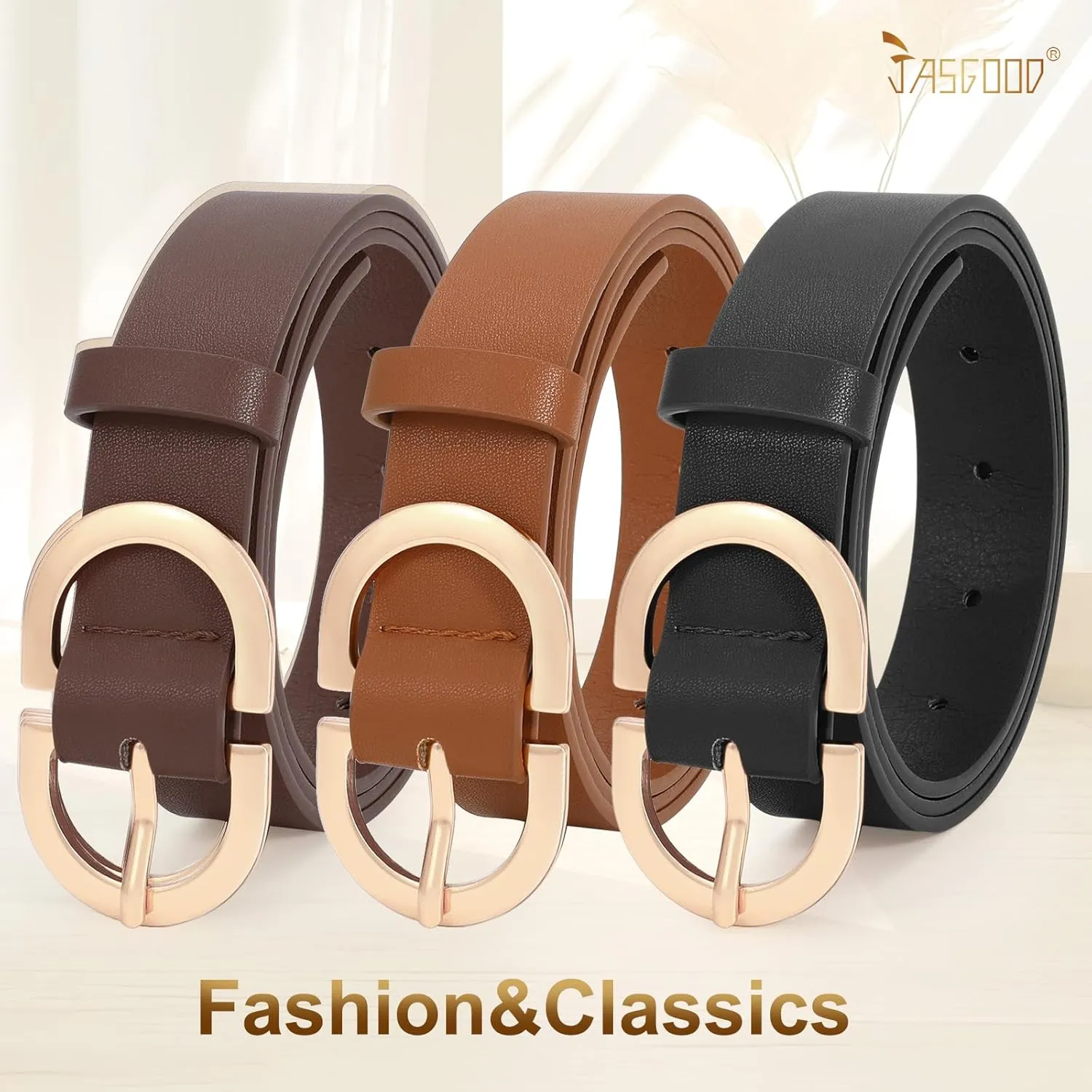 JASGOOD 3 Pack Women Faux Leather Belts for Jeans Pants Fashion Dresses Ladies Belt with Gold Buckle