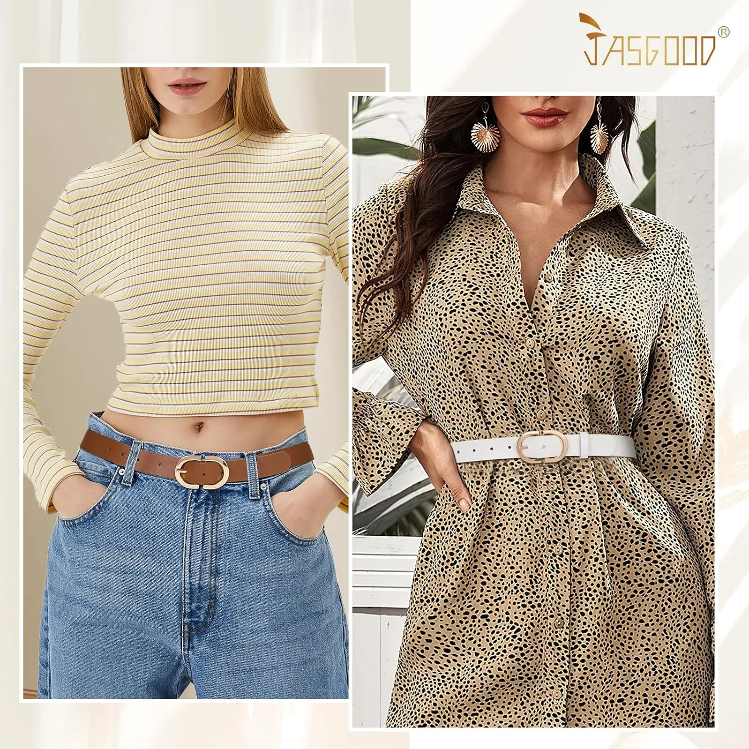 JASGOOD 3 Pack Women Faux Leather Belts for Jeans Pants Fashion Dresses Ladies Belt with Gold Buckle